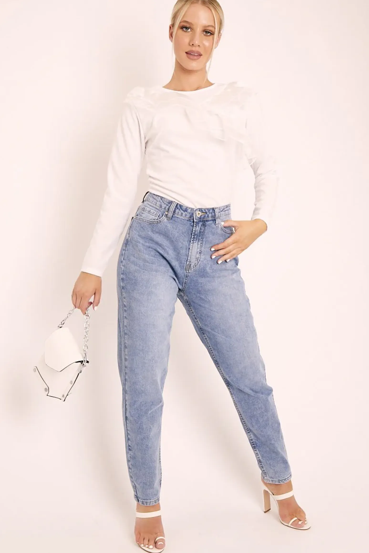 Rebellious Fashion White Mesh Ruffle Front Long Sleeve Top - Kristen