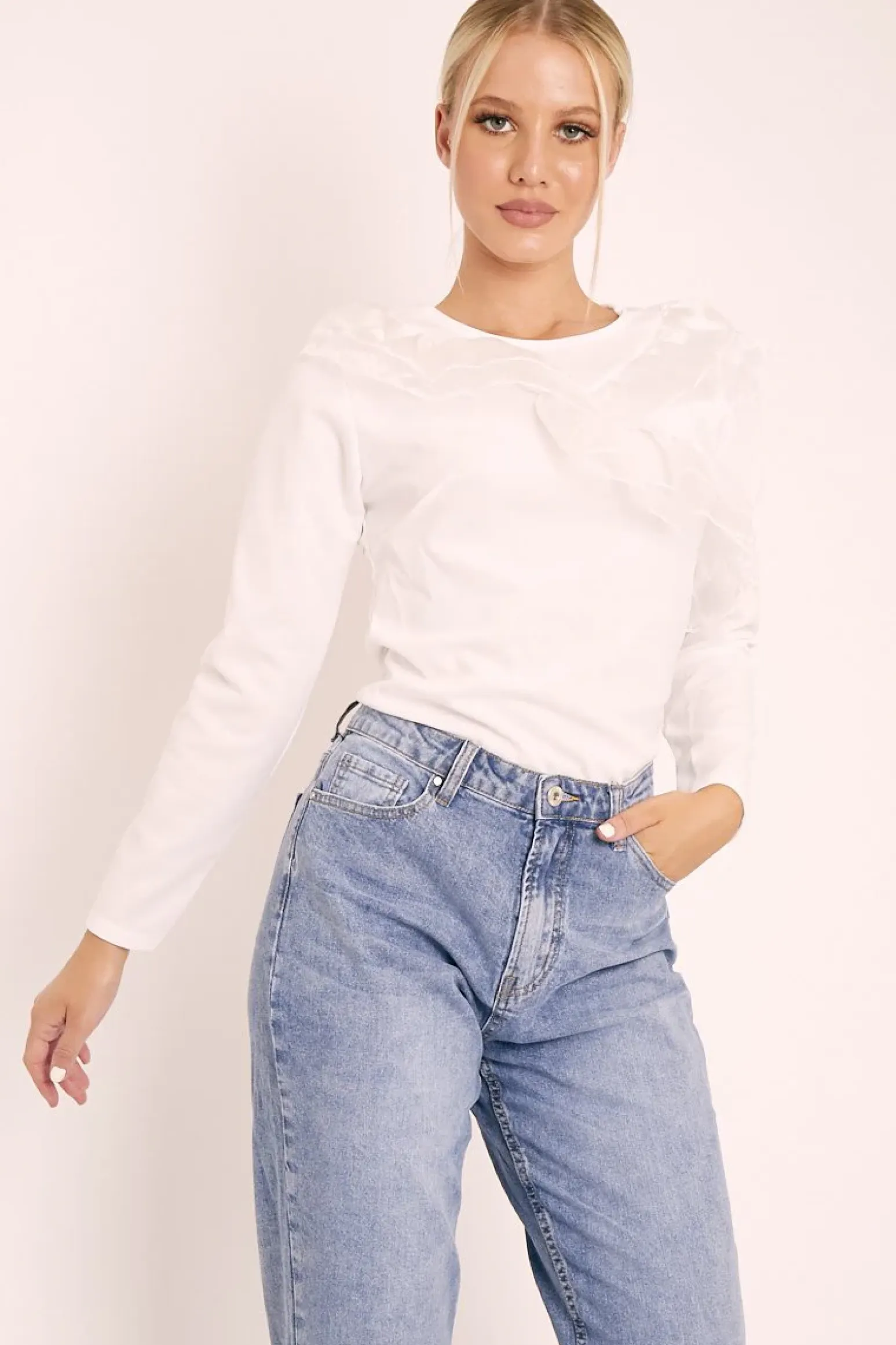 Rebellious Fashion White Mesh Ruffle Front Long Sleeve Top - Kristen