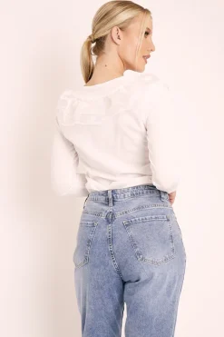 Rebellious Fashion White Mesh Ruffle Front Long Sleeve Top - Kristen