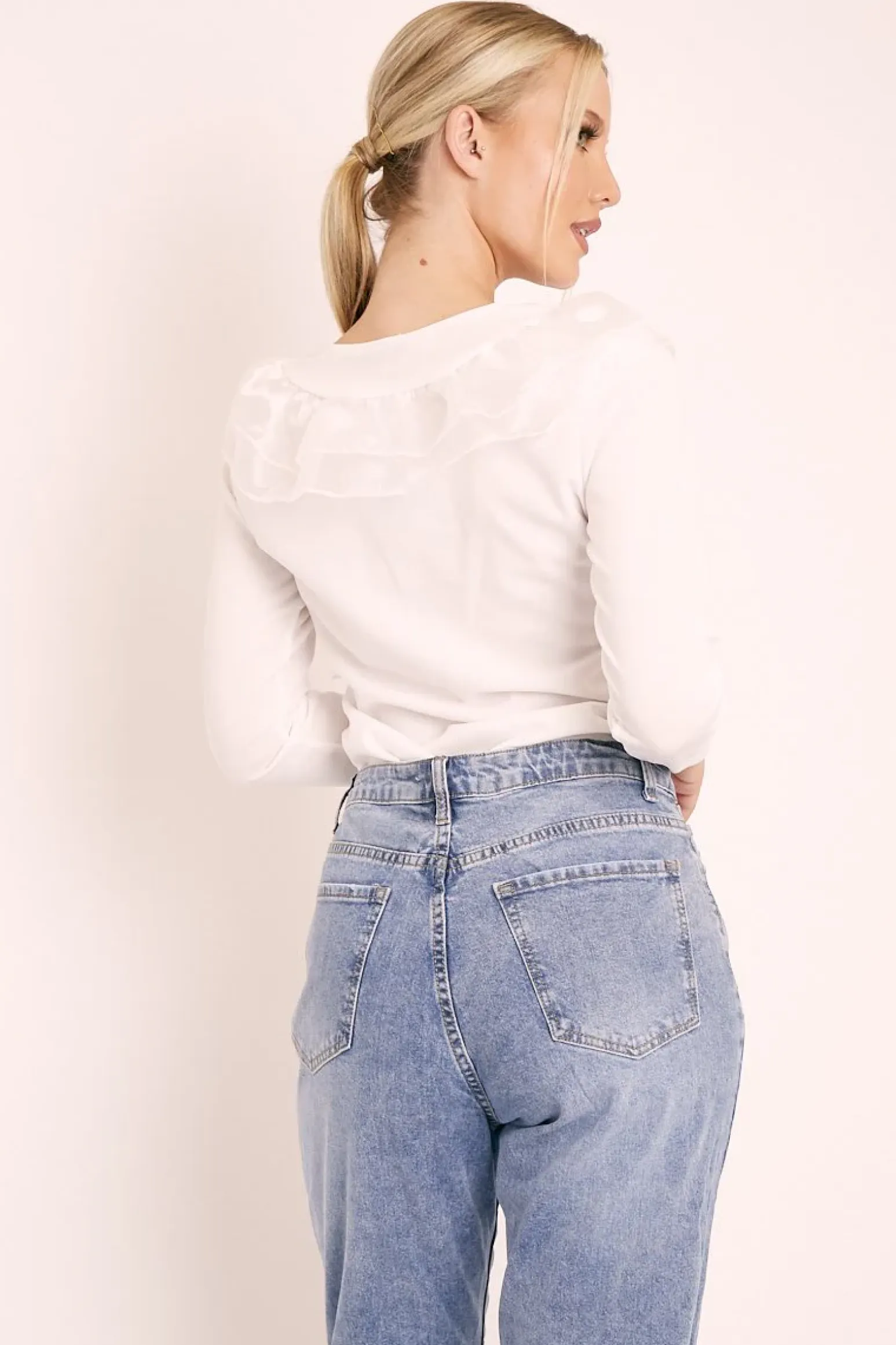 Rebellious Fashion White Mesh Ruffle Front Long Sleeve Top - Kristen
