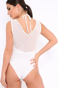 Rebellious Fashion White Mesh V-Plunge Bodysuit - Malie