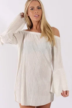 Rebellious Fashion White Metallic Bardot Pleated Bell Sleeves Dress - Lilja