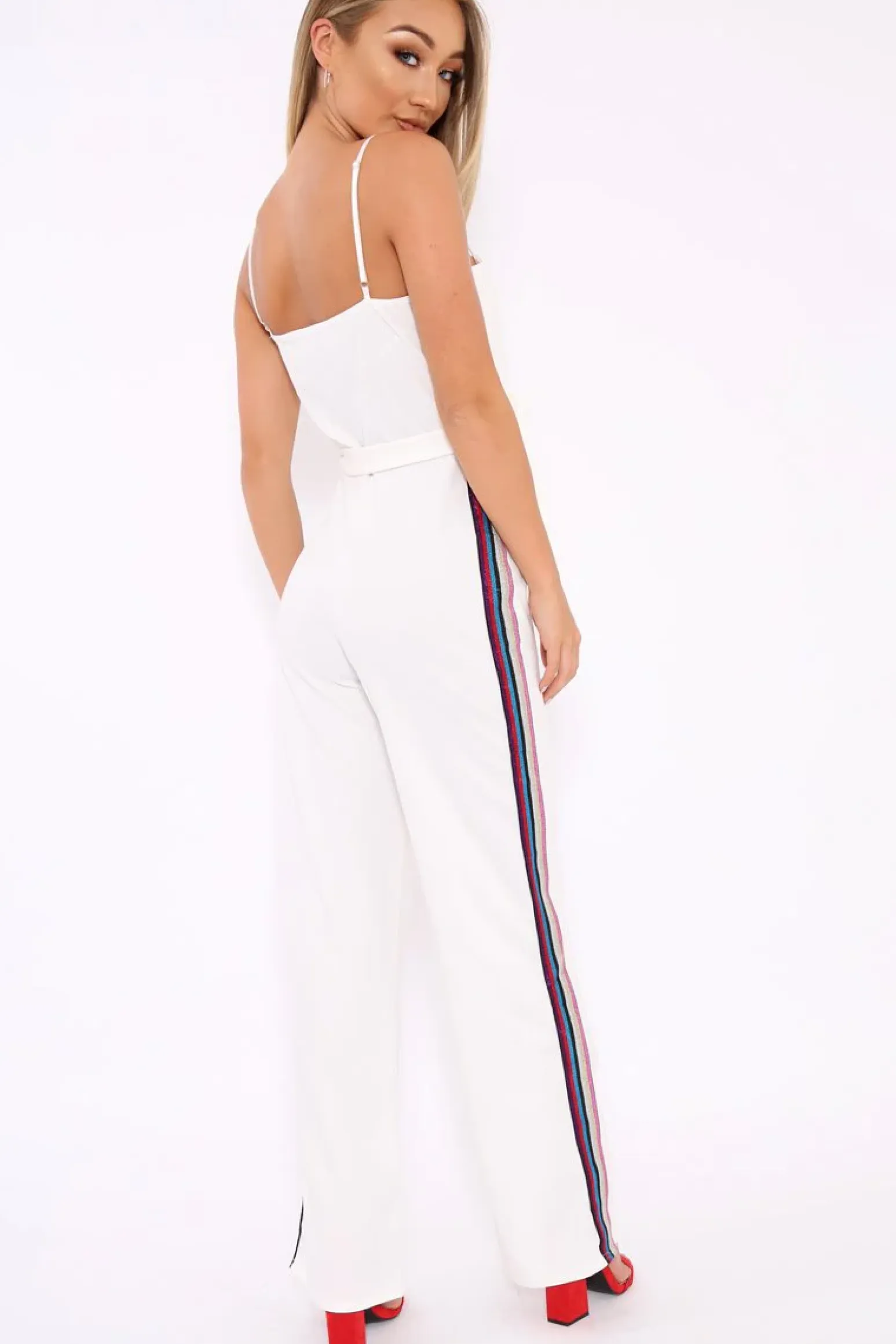 Rebellious Fashion White Metallic Rainbow Stripe Jumpsuit - Jinora