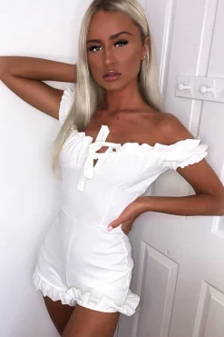 Rebellious Fashion White Milkmaid Frill Detail Playsuit - Frona