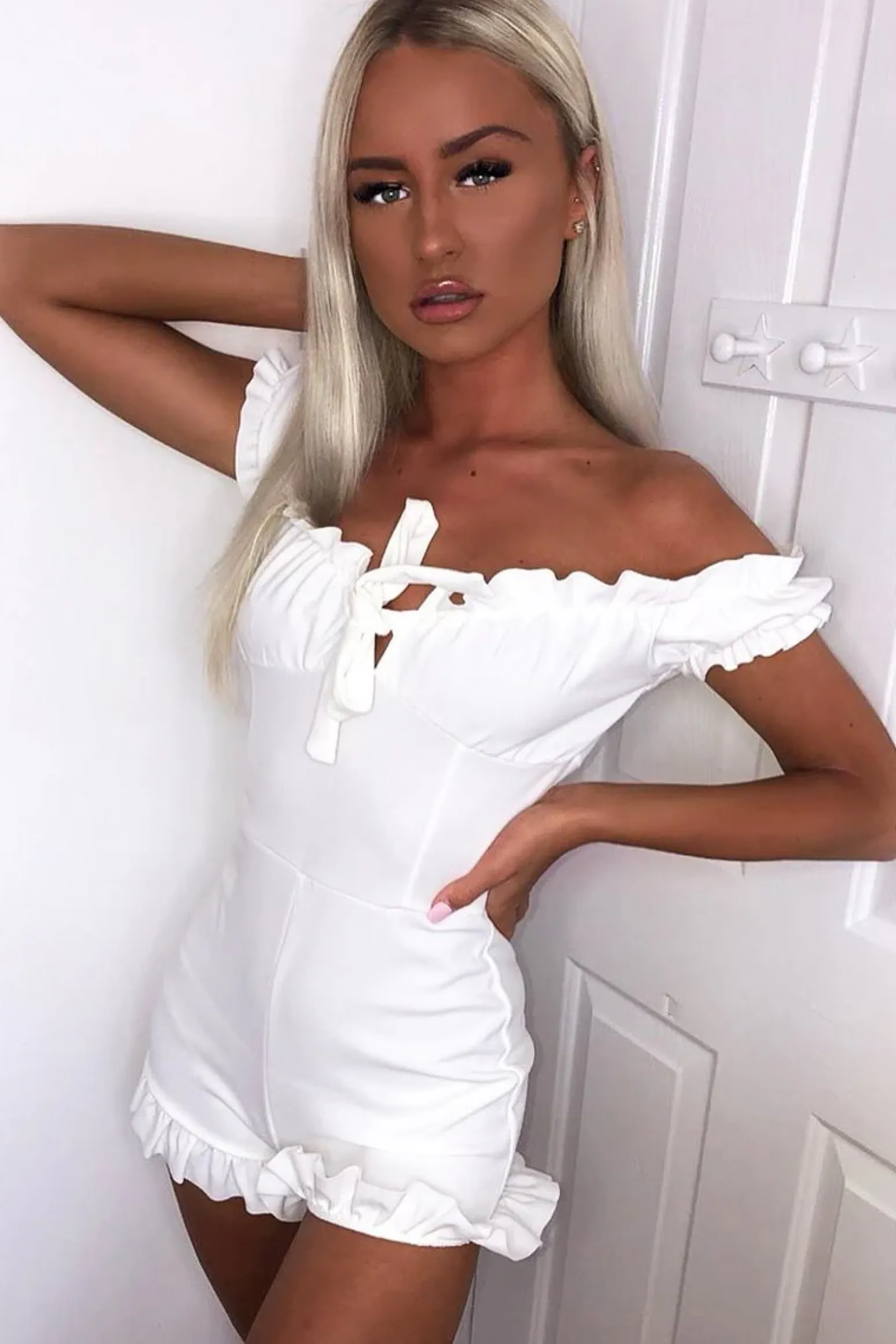 Rebellious Fashion White Milkmaid Frill Detail Playsuit - Frona
