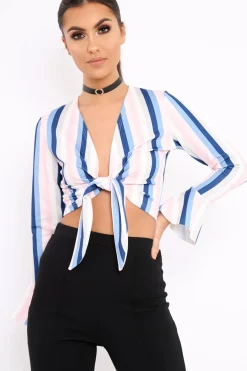 Rebellious Fashion White Multi Stripe Plunge Tie Front Flare Sleeve Crop Top - Aimi