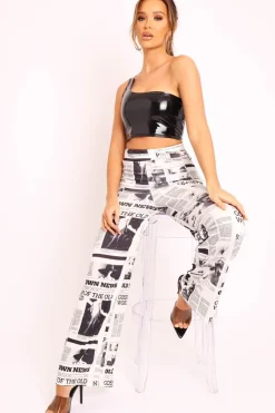 Rebellious Fashion White Newspaper Print Straight Leg Trousers - Lawryn