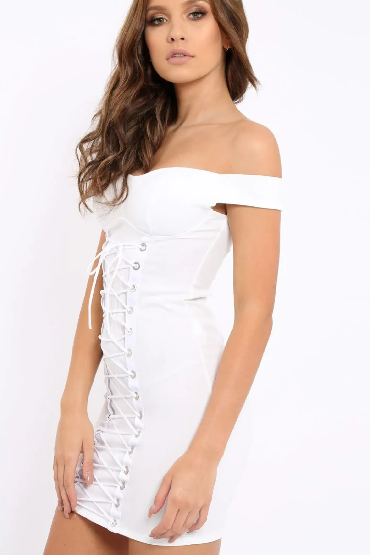 Rebellious Fashion White Off Shoulder Centre Eyelet Dress - Callie