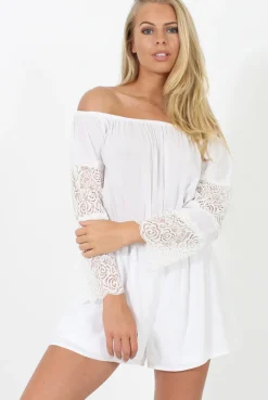 Rebellious Fashion White Off Shoulder Crochet Detail Playsuit - Koran
