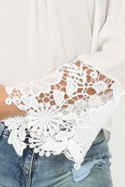 Rebellious Fashion White Off Shoulder Crochet Detail Crop Top - Wednesday