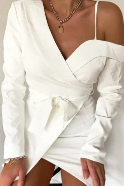 Rebellious Fashion White Off The Shoulder Blazer Dress - Halia