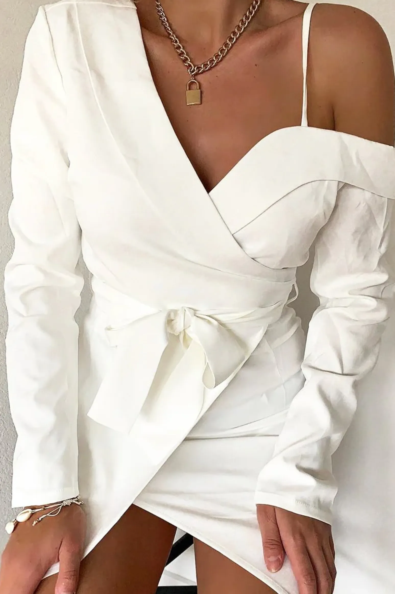 Rebellious Fashion White Off The Shoulder Blazer Dress - Halia