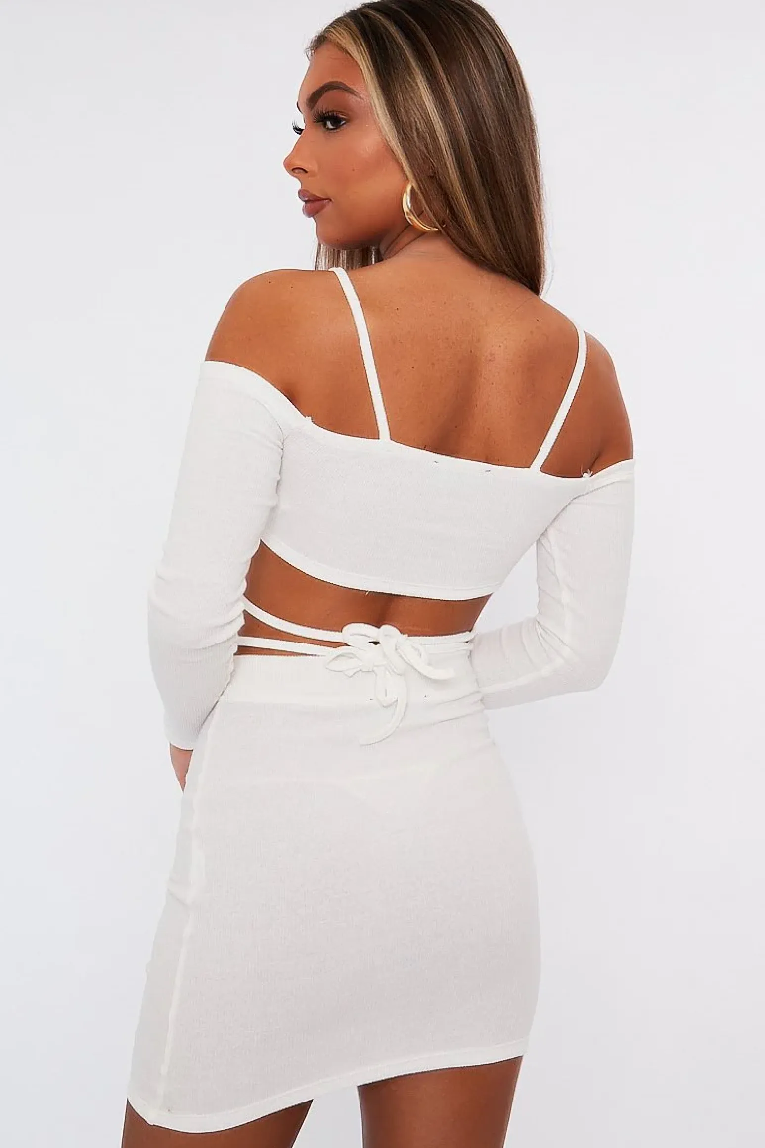 Rebellious Fashion White Off the Shoulder Long sleeve Crop Top and Ruched Mini Skirt Set - Anthi
