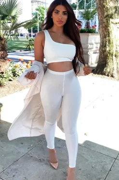 Rebellious Fashion White One Shoulder Crop Top and Leggings Co-Ord - Marrie