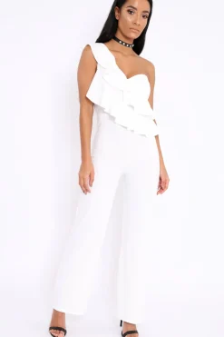 Rebellious Fashion White One Shoulder Ruffle Jumpsuit - Shelley