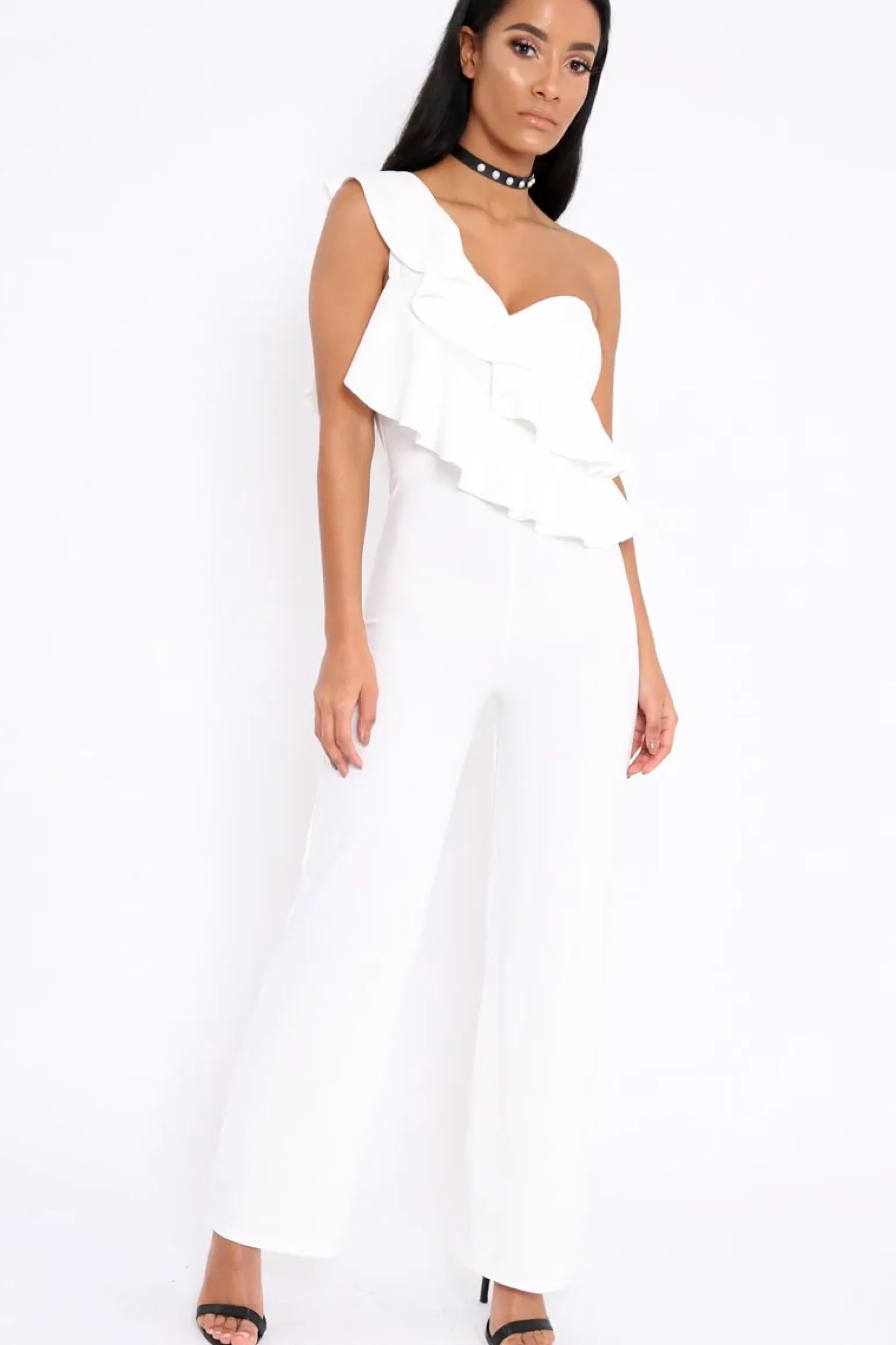 Rebellious Fashion White One Shoulder Ruffle Jumpsuit - Shelley