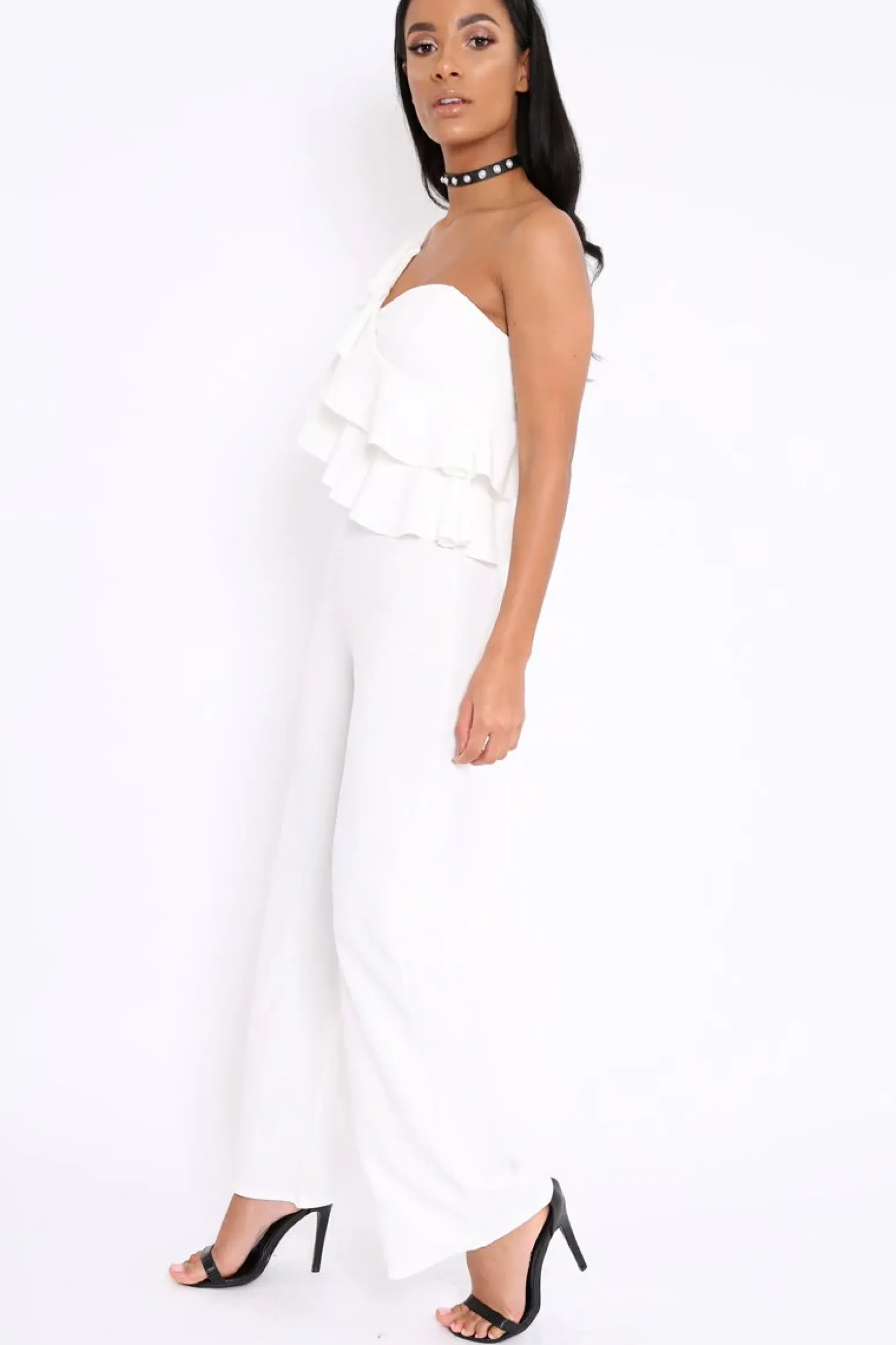 Rebellious Fashion White One Shoulder Ruffle Jumpsuit - Shelley