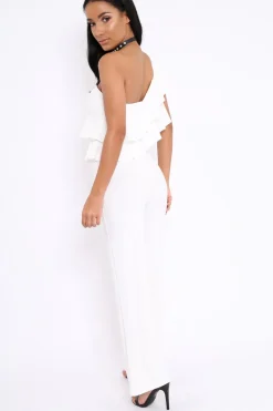 Rebellious Fashion White One Shoulder Ruffle Jumpsuit - Shelley