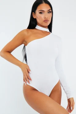 Rebellious Fashion White One Sleeve High Neck Bodysuit - Qin