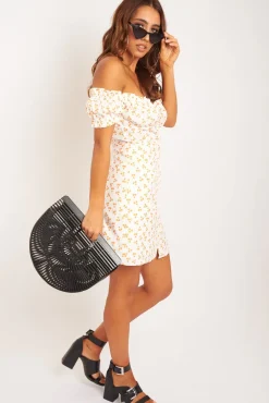 Rebellious Fashion White Orange Polka Dot Milkmaid Button Front Dress - Eisa