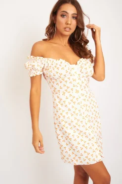 Rebellious Fashion White Orange Polka Dot Milkmaid Button Front Dress - Eisa