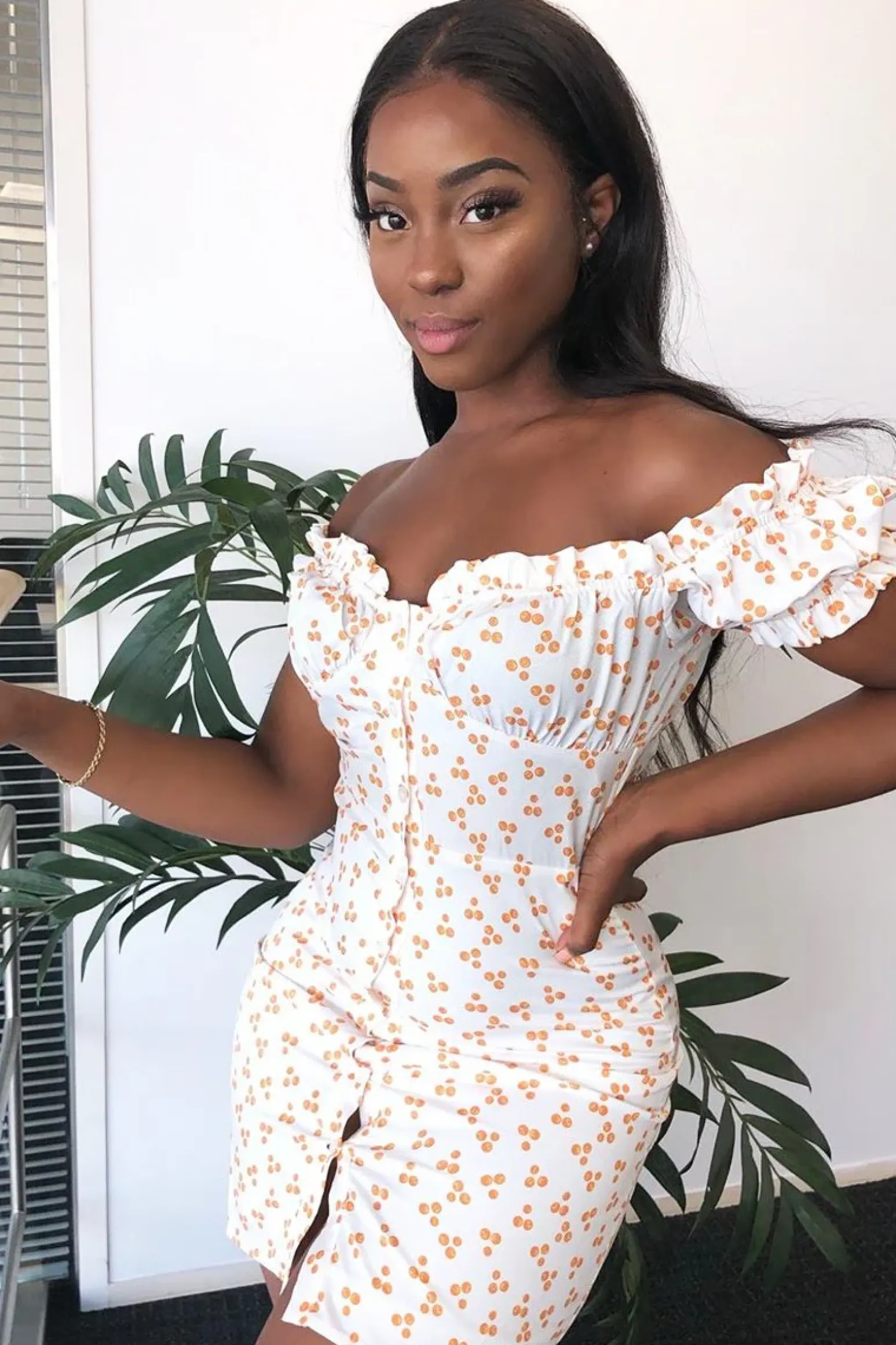 Rebellious Fashion White Orange Polka Dot Milkmaid Button Front Dress - Eisa