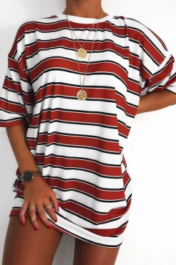 Rebellious Fashion White Orange Stripe Oversized T-Shirt Dress - Rayelle