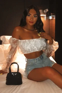 Rebellious Fashion White Organza Bardot Puff Sleeves Crop Top - Teresa