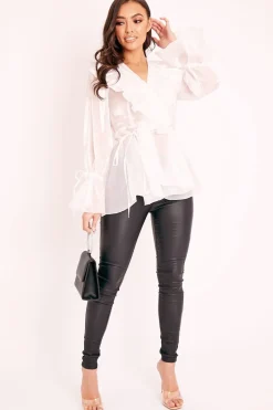 Rebellious Fashion White Organza Ruffle Wrap Blouse - Gabrielle