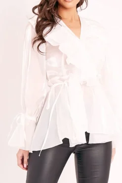 Rebellious Fashion White Organza Ruffle Wrap Blouse - Gabrielle