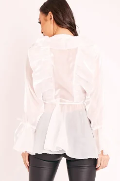 Rebellious Fashion White Organza Ruffle Wrap Blouse - Gabrielle