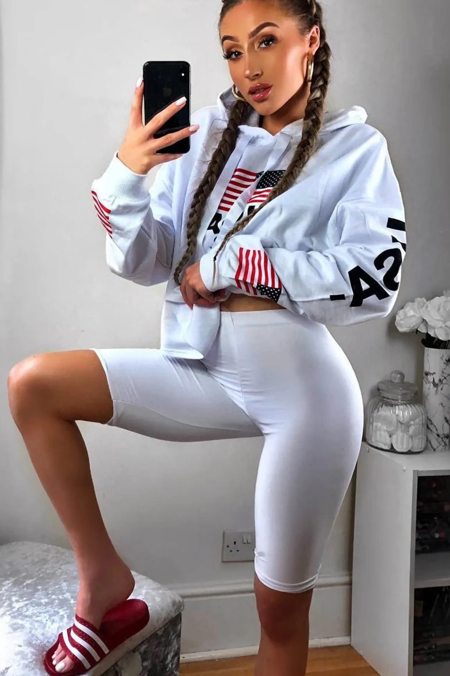 Rebellious Fashion White Oversized USA Print Hoodie - Eleah