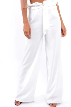 Rebellious Fashion White Paper Bag Tie Waist Wide Leg Trousers - Kennedy