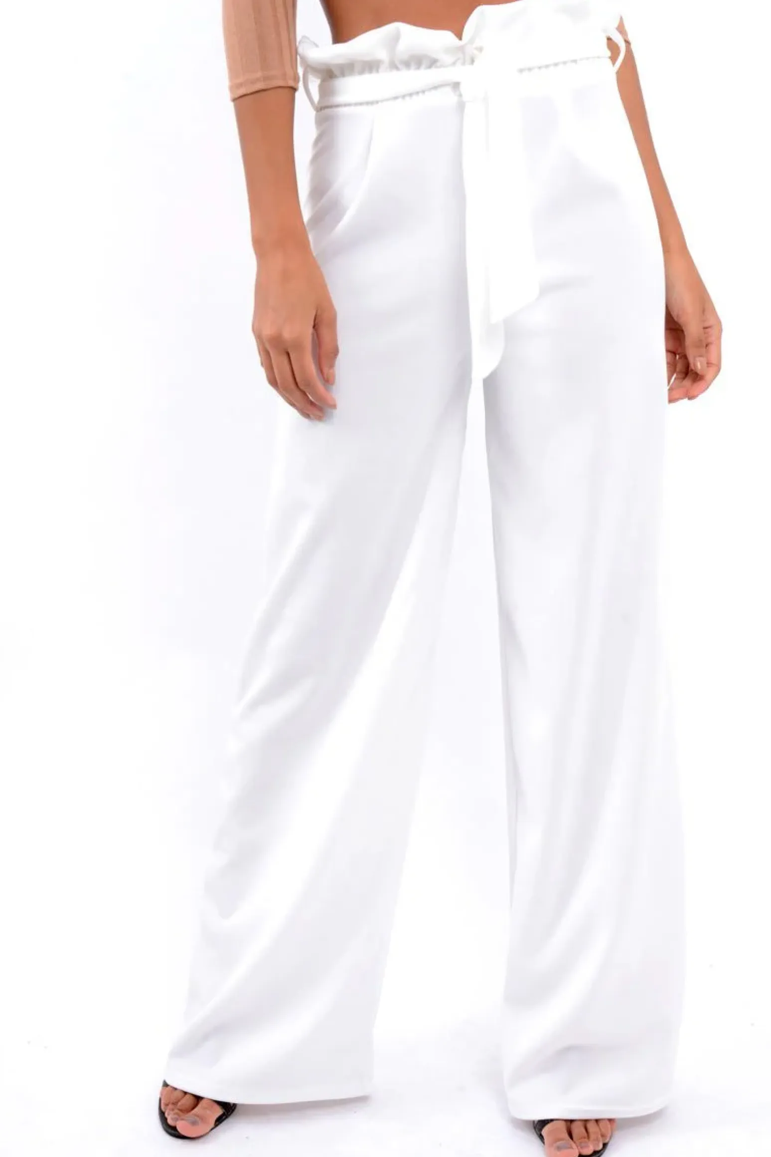 Rebellious Fashion White Paper Bag Tie Waist Wide Leg Trousers - Kennedy