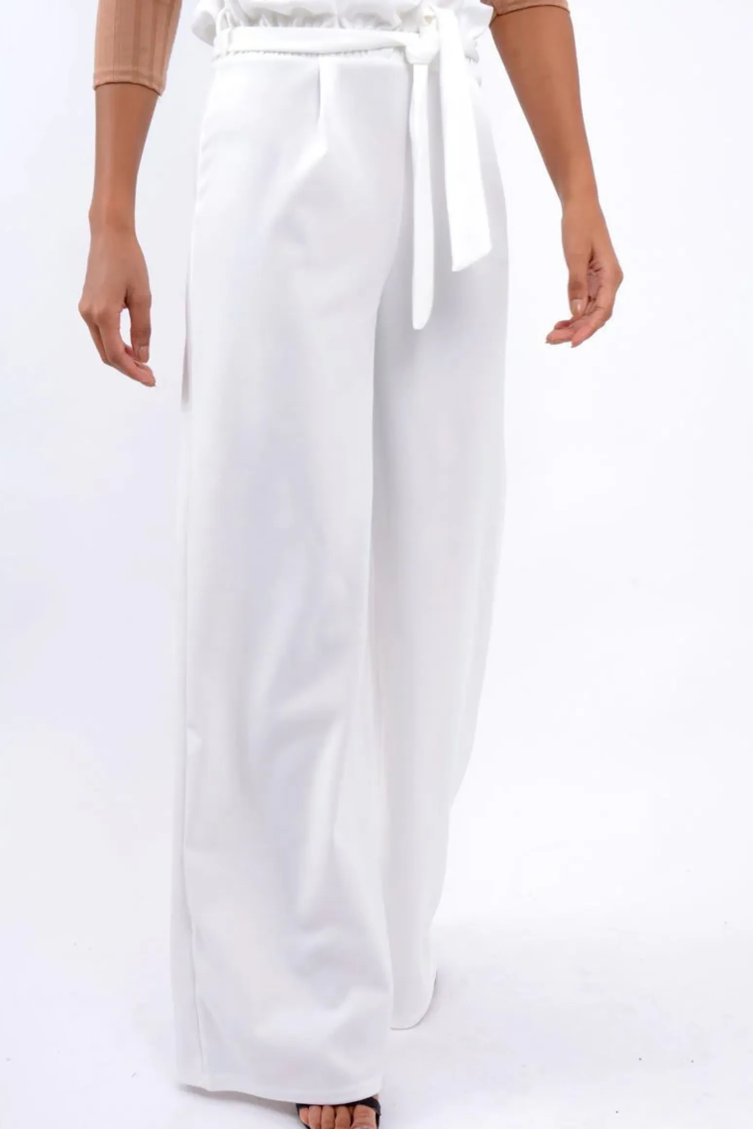 Rebellious Fashion White Paper Bag Tie Waist Wide Leg Trousers - Kennedy