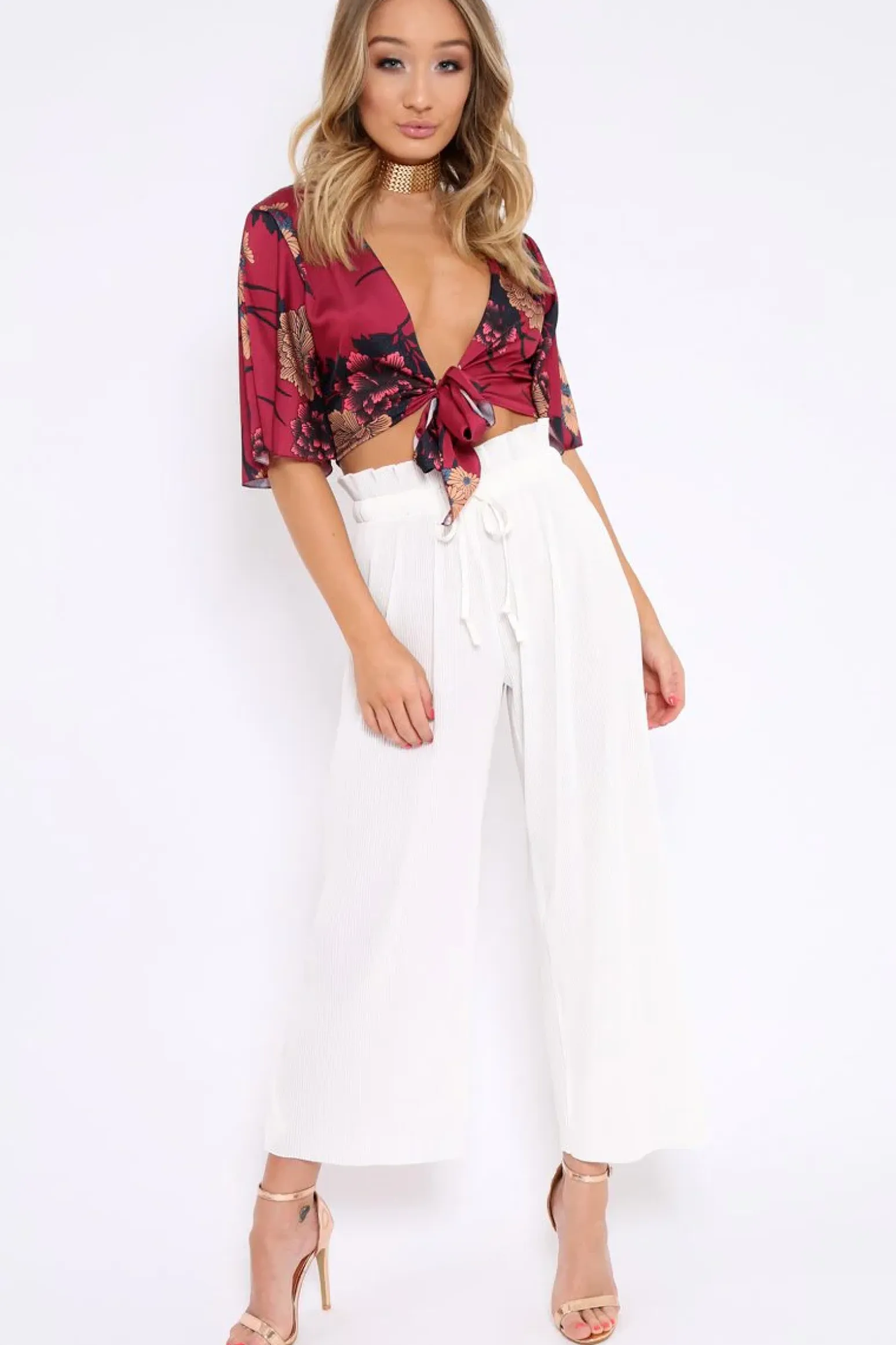 Rebellious Fashion White Paper Bag Waist Wide Legged Pleated Trousers - Louise