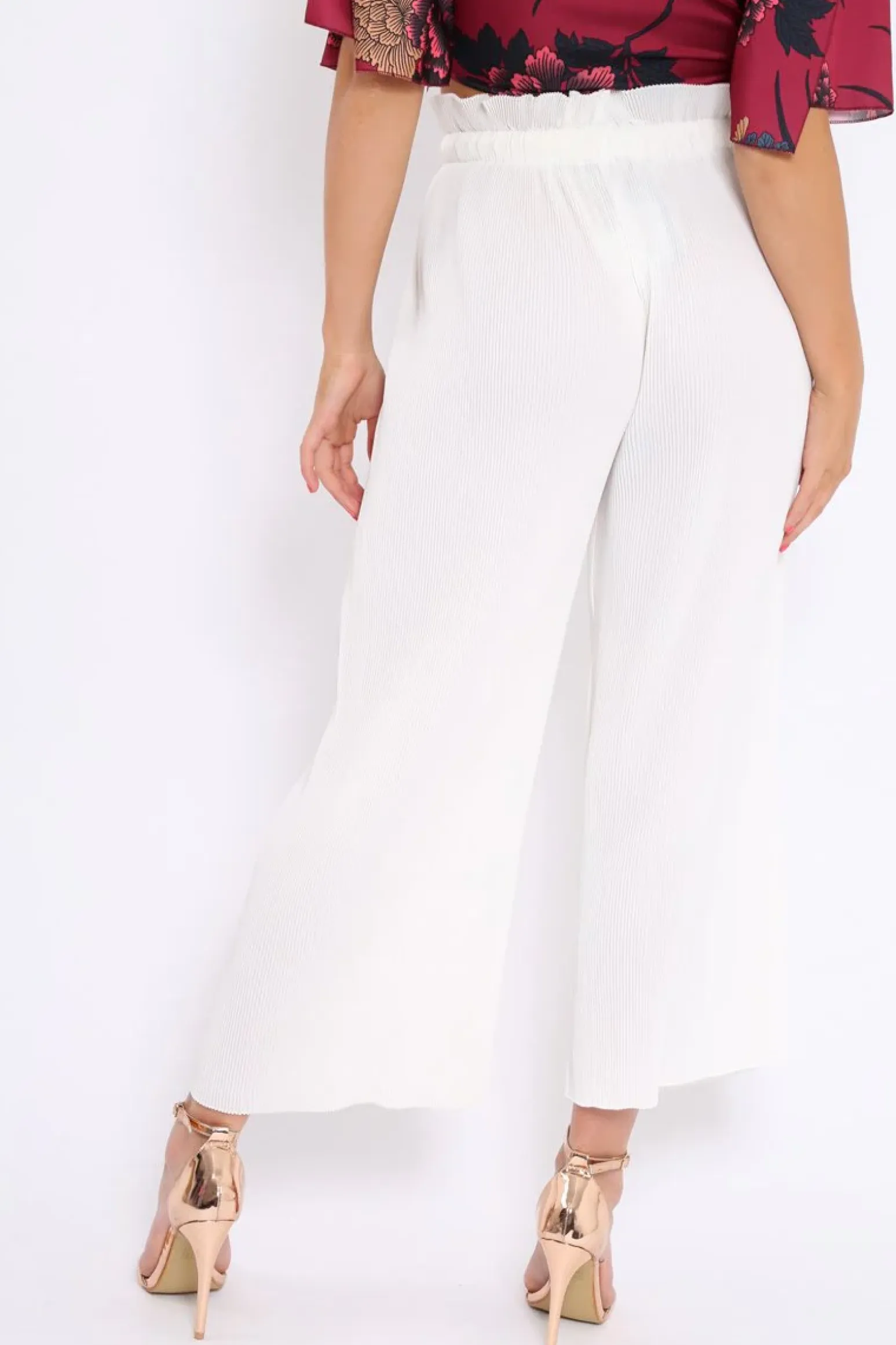Rebellious Fashion White Paper Bag Waist Wide Legged Pleated Trousers - Louise
