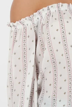 Rebellious Fashion White Pattern Bardot Three Quarter Bell Sleeve Crop- Chantelle