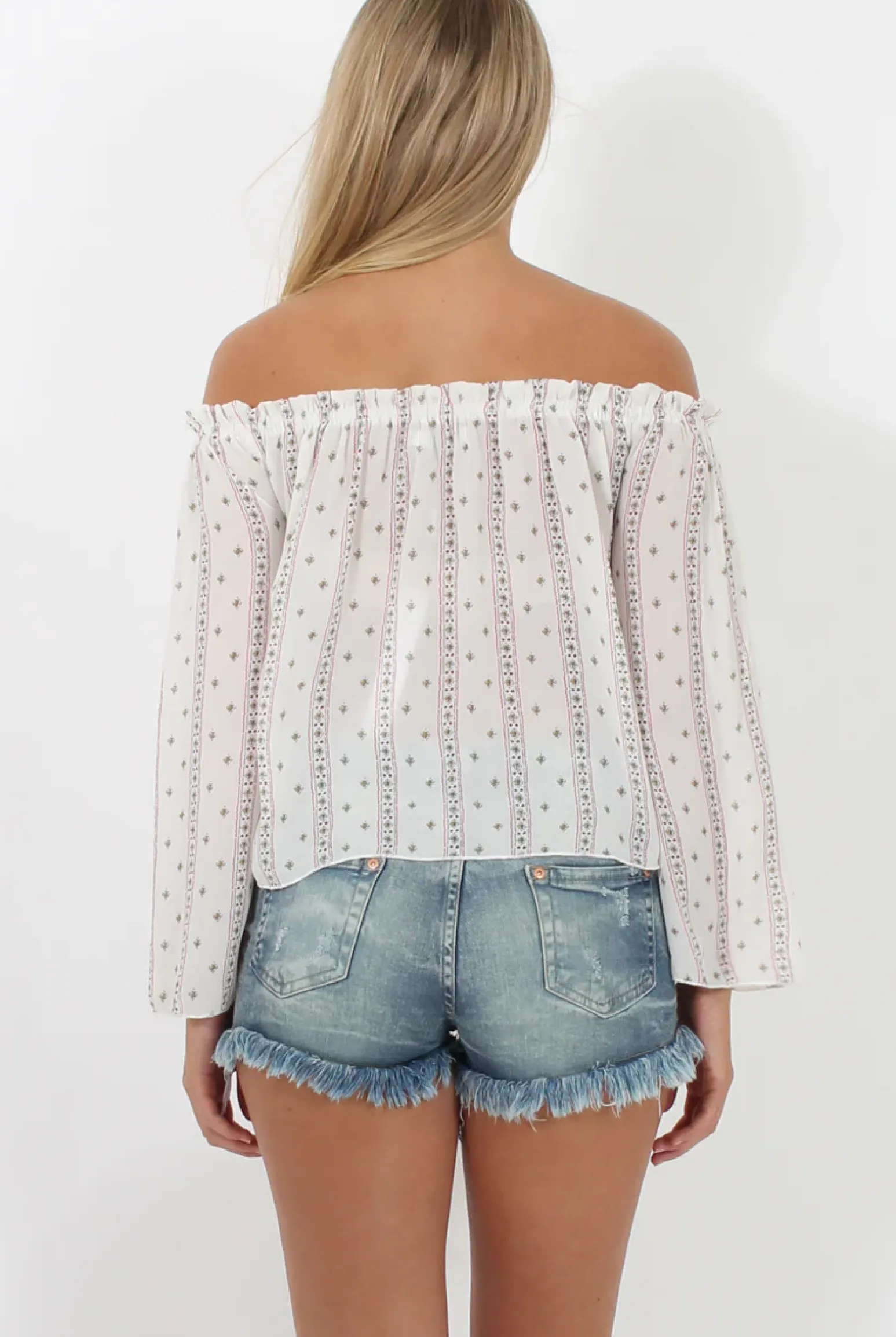 Rebellious Fashion White Pattern Bardot Three Quarter Bell Sleeve Crop- Chantelle