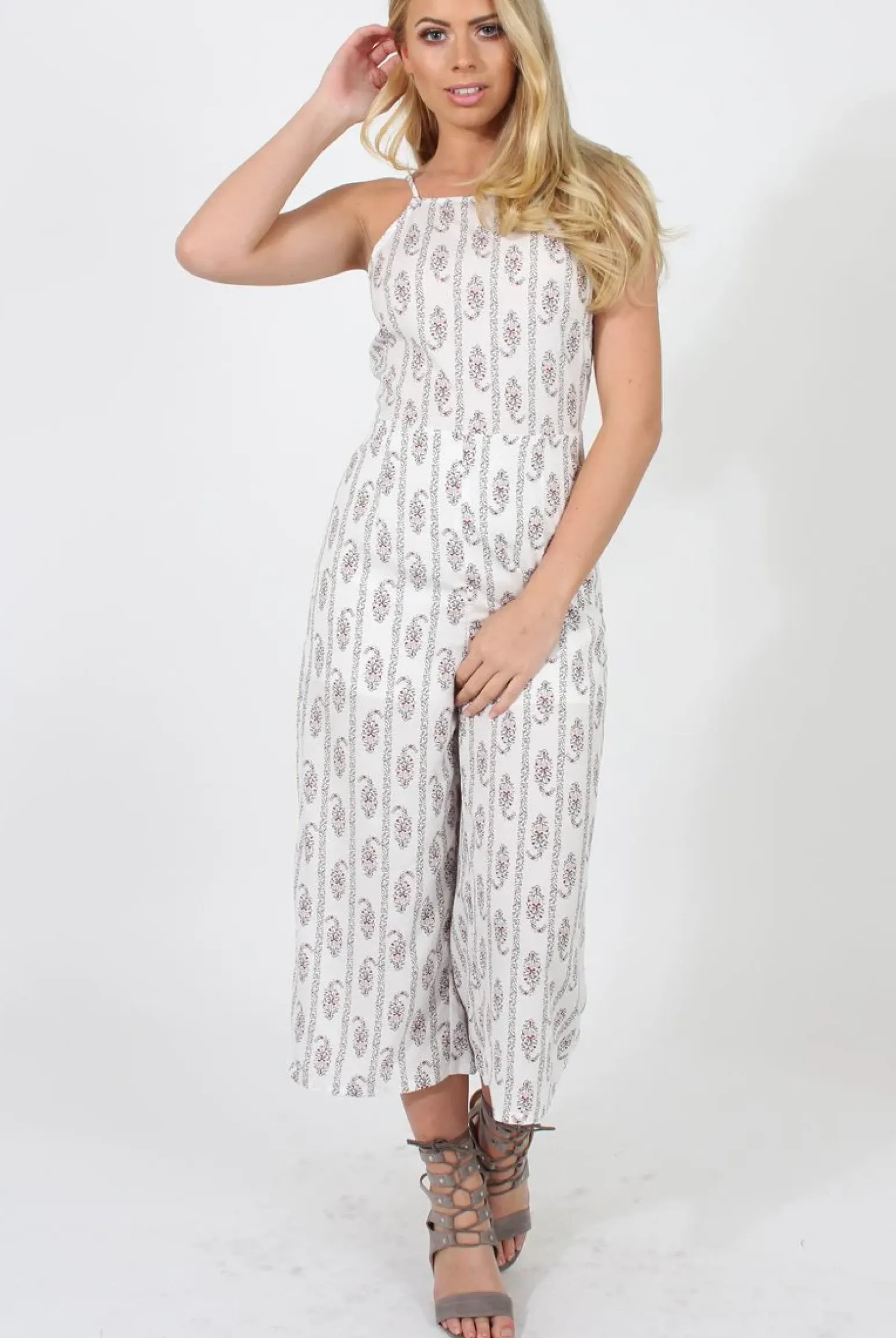 Rebellious Fashion White Pattern Culotte Jumpsuit - Monika
