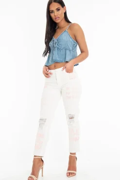 Rebellious Fashion White Pink Graffiti Slogan Print Mom Jeans - Rosy