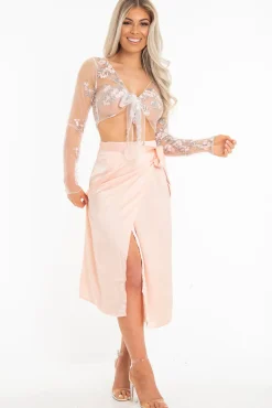 Rebellious Fashion White Pink Mesh Floral Tie Front Crop Top - Elana
