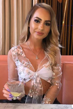 Rebellious Fashion White Pink Mesh Floral Tie Front Crop Top - Elana