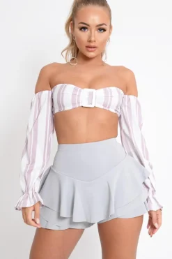 Rebellious Fashion White Pink Stripe Buckle Front Extreme Bardot Crop Top - Theora
