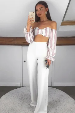 Rebellious Fashion White Pink Stripe Buckle Front Extreme Bardot Crop Top - Theora