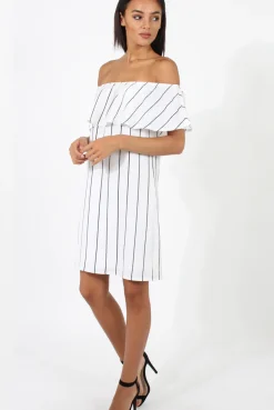 Rebellious Fashion White Pinstripe Bardot Dress - Pip