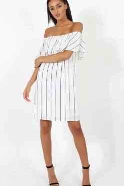 Rebellious Fashion White Pinstripe Bardot Dress - Pip