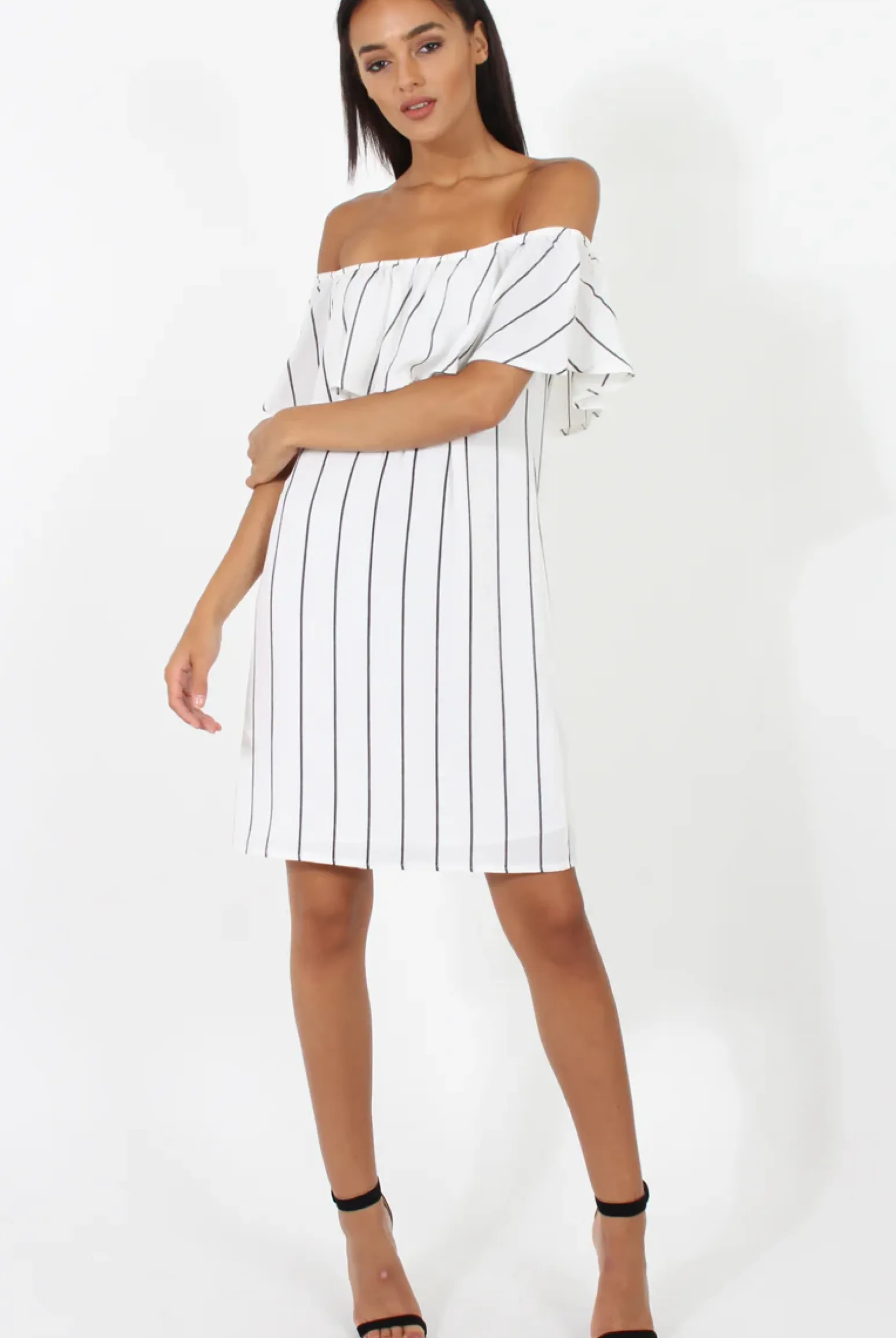 Rebellious Fashion White Pinstripe Bardot Dress - Pip