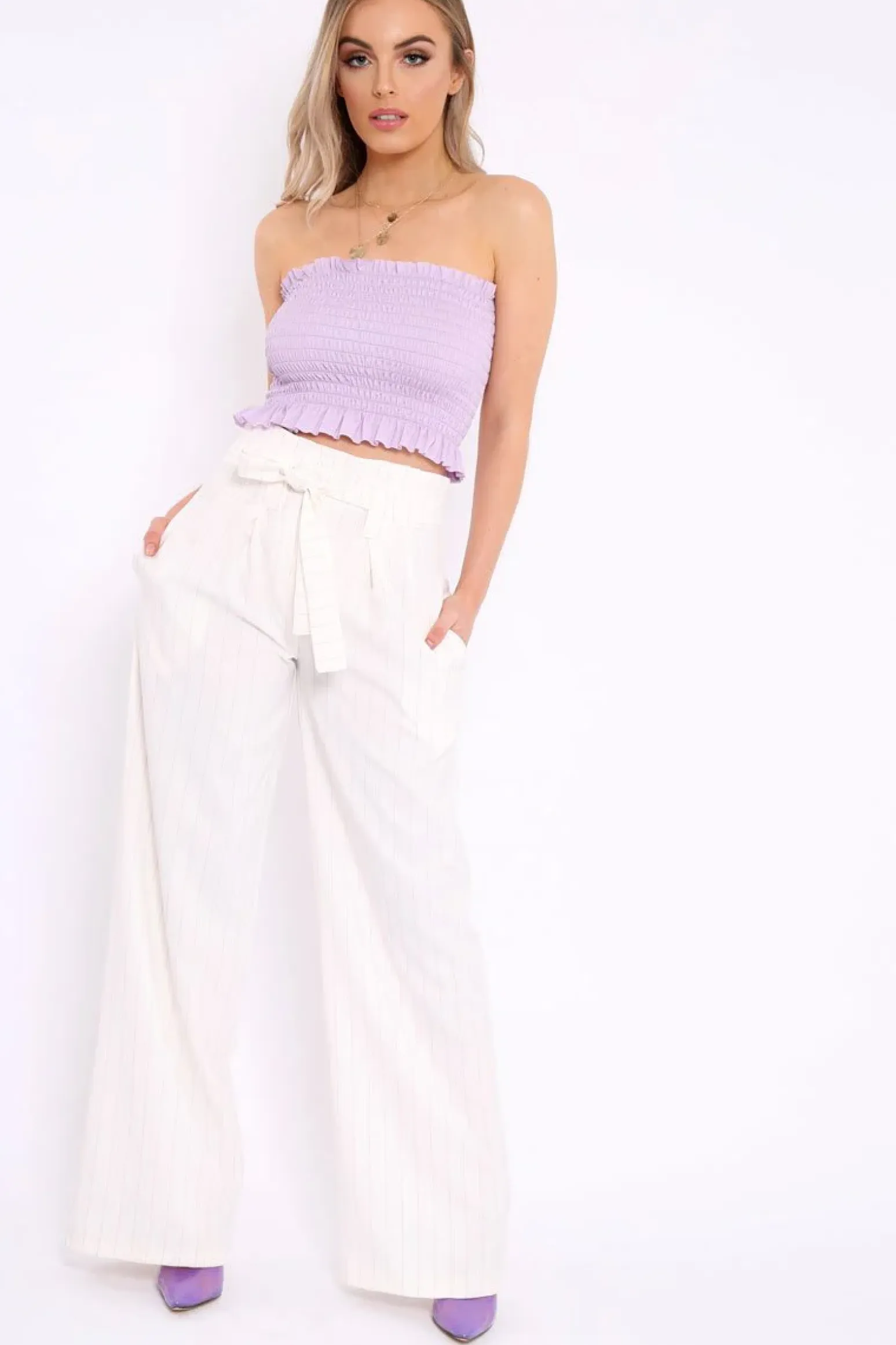 Rebellious Fashion White Pinstripe High Waist Tailored Trousers - Ginni