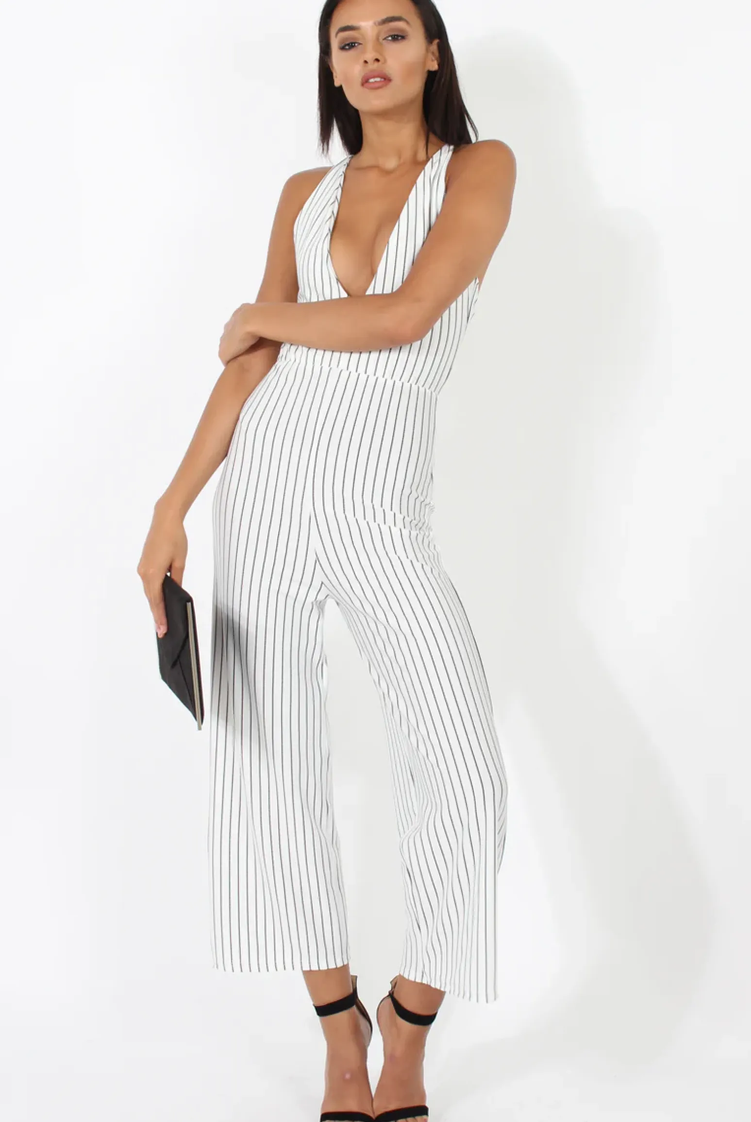 Rebellious Fashion White Pinstripe Plunge Culotte Jumpsuit - Francine